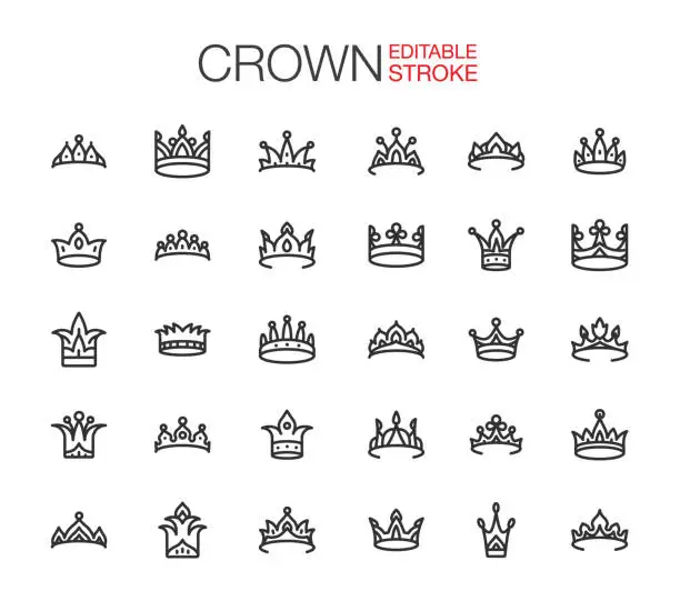 Vector illustration of Crown Icons Set Editable Stroke