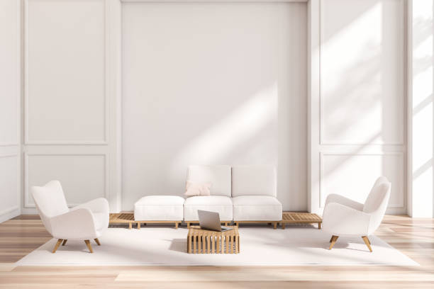 istock Light relax interior with soft place and coffee table. Mockup wall 1437707108