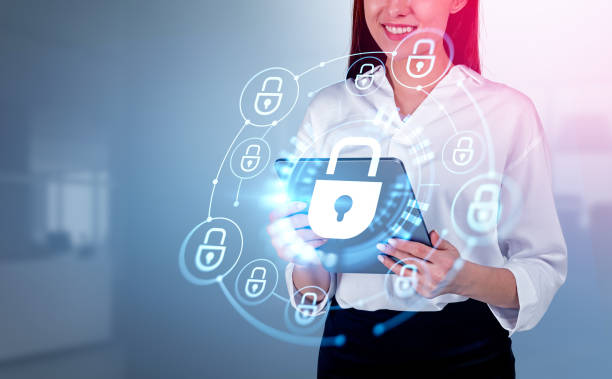 istock Businesswoman with tablet in hands, cybersecurity circuit and digital connection 1437707740