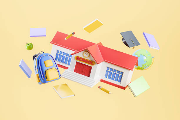 istock Flying cartoon school building and different supplies 1437708475