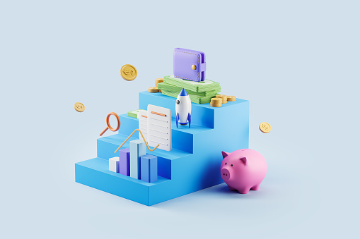 Stairs and business progress, side view. Bar chart with financial analysis, piggy bank and stack of dollar banknotes. Concept of start up and success. 3D rendering