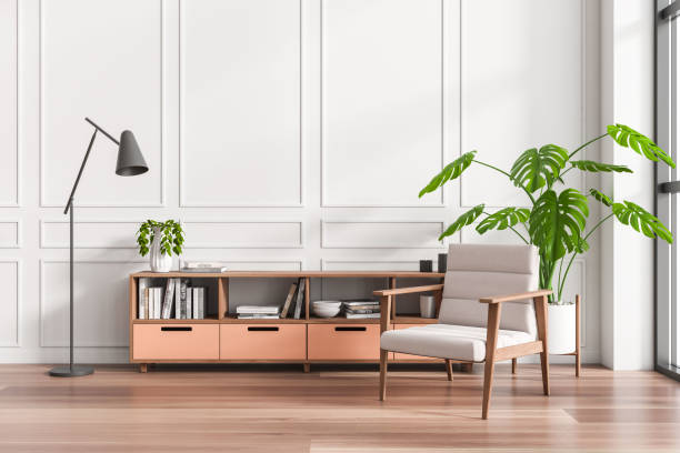 istock Light living room interior with armchair and sideboard with window. Empty wall 1437708719