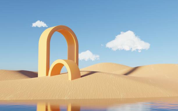 istock Abstract Dune cliff sand with metallic Arches stand platform. Surreal Desert natural landscape background. Scene of Desert with glossy metallic arches geometric design. 3D Render. 1437709697
