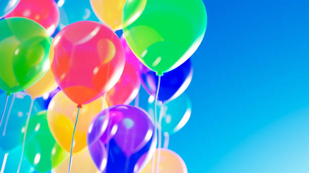 istock Multicolored balloons on a blue sky background. Concept of celebration, greeting banner, Birthday party, happiness, festival background. 3d Rendering. 1437709729