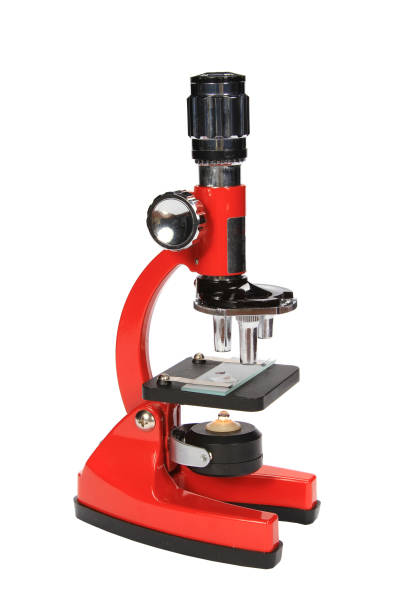 istock Vertical closeup shot of a red microscope isolated on a white background 1437709746