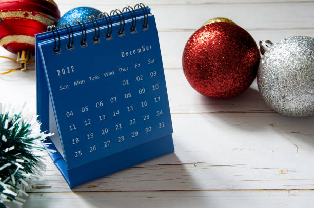 istock Christmas decoration and blue December calendar with customizable space for text. Copy space. 1437709919