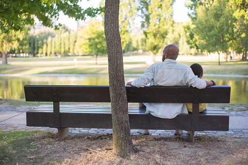 Back view of bald African American man and boy sitting on bench. Young dad and his son enjoying summer rest near lake in park. Father hugging kid, both looking far. Fatherhood concept