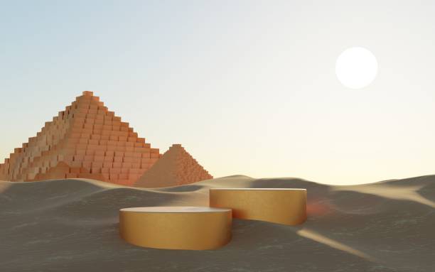 istock Abstract Dune cliff sand with metallic Podium stand platform. Surreal Desert natural landscape background. Scene of Desert with glossy metallic arches geometric design. 3D Render. 1437709979
