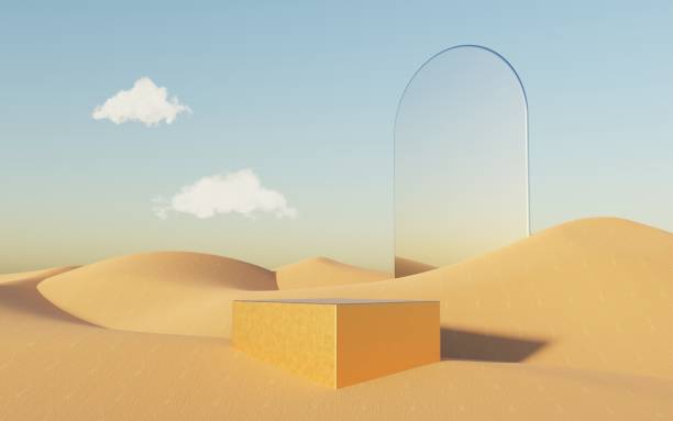 istock Abstract Dune cliff sand with metallic Podium stand platform. Surreal Desert natural landscape background. Scene of Desert with glossy metallic arches geometric design. 3D Render. 1437709995