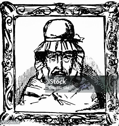 istock Man with beard wears a hood, image in a picture frame 1437710133