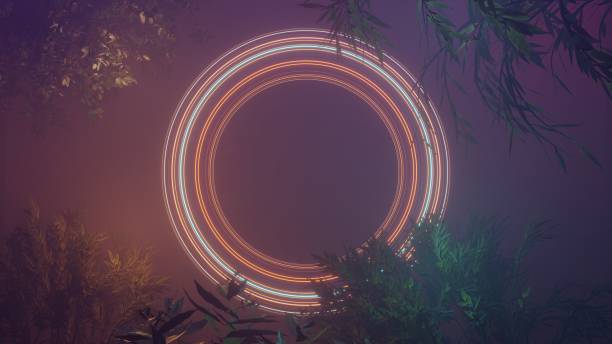 istock Abstract colorful neon glowing light background. Speed light illuminated. Florescent on the dark scene. Curvy moving line shape. 3D render. 1437710198