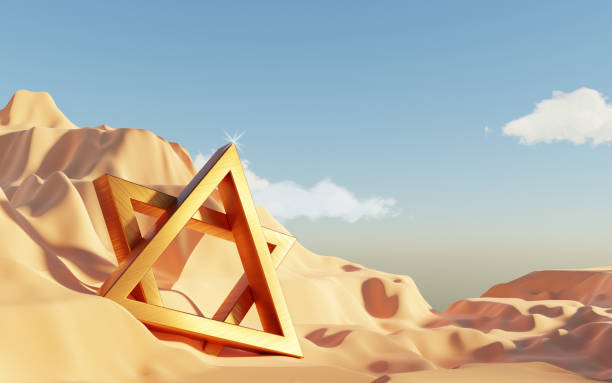 istock Abstract Dune cliff sand with metallic Arch stand platform. Surreal Desert natural landscape background. Scene of Desert with glossy metallic arches geometric design. 3D Render. 1437710253