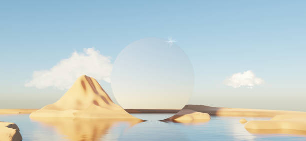 istock Abstract Dune cliff sand with metallic Arch stand platform. Surreal Desert natural landscape background. Scene of Desert with glossy metallic arches geometric design. 3D Render. 1437710884