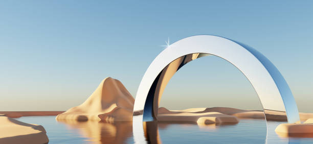 istock Abstract Dune cliff sand with metallic Arch stand platform. Surreal Desert natural landscape background. Scene of Desert with glossy metallic arches geometric design. 3D Render. 1437710894