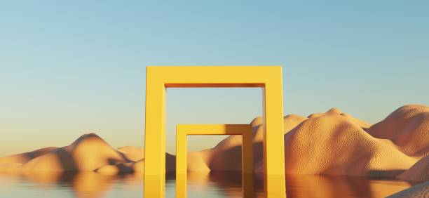 istock Abstract Dune cliff sand with metallic Arch stand platform. Surreal Desert natural landscape background. Scene of Desert with glossy metallic arches geometric design. 3D Render. 1437710974