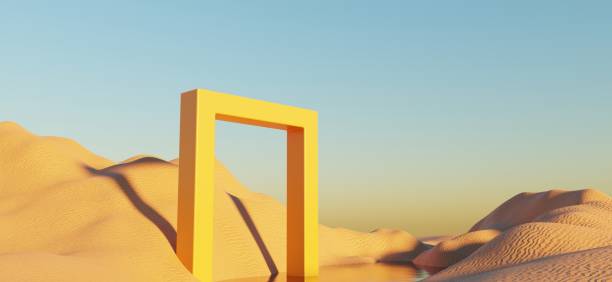 istock Abstract Dune cliff sand with metallic Arch stand platform. Surreal Desert natural landscape background. Scene of Desert with glossy metallic arches geometric design. 3D Render. 1437710988