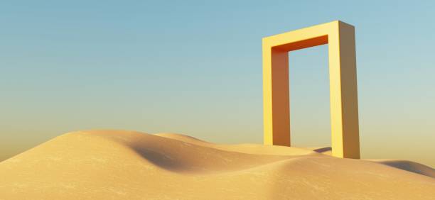 istock Abstract Dune cliff sand with metallic Arch stand platform. Surreal Desert natural landscape background. Scene of Desert with glossy metallic arches geometric design. 3D Render. 1437711026