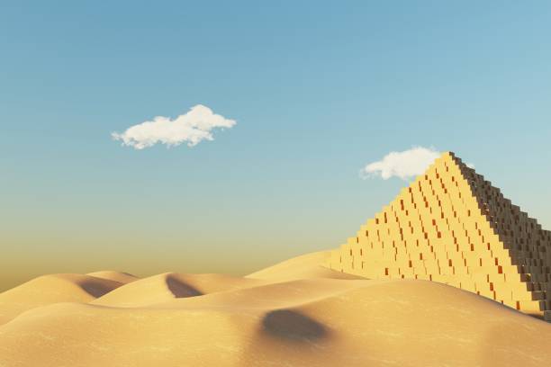istock Abstract Dune cliff sand with metallic Arch stand platform. Surreal Desert natural landscape background. Scene of Desert with glossy metallic arches geometric design. 3D Render. 1437711088