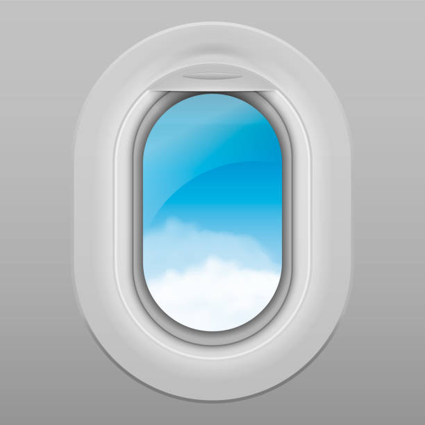 istock Realistic window of airplane. Sky with white clouds viewed from inside an airplane windows. Vector illustration. 1437711123