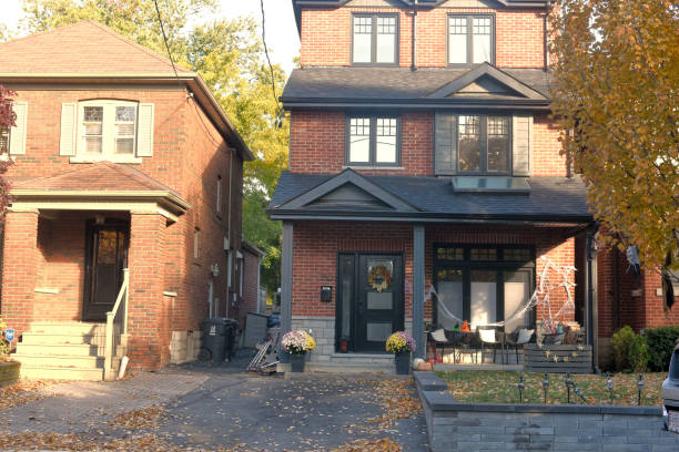 Toronto Ontario, Canada- October 21st 2022: The exterior of the front of a house decorated for halloween.