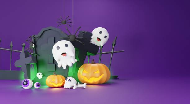 istock 3d Render, Happy Halloween Day background with night scene and cute spooky design. Halloween pumpkins, skull, ghost and spider decorations on dark purple background. Trick or Treat party celebrate. 1437711344
