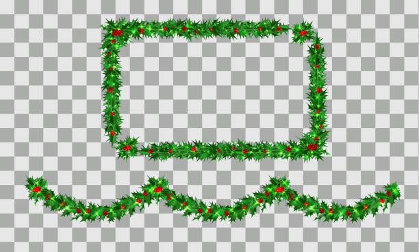 クリスマスの花輪とヒイラギの葉のフレームのセット - holly frame christmas picture frame点のイラスト素材／クリップアート素材／マンガ素材／アイコン素材