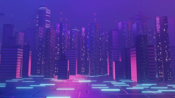 istock 3d render of Cyber night mega city landscape scene. Light glowing and reflection on dark tech scene. Night life. Technology network for 5g. Beyond futuristic of Sci-Fi Capital city and building scene. 1437712092