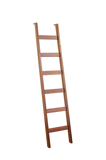 A vertical shot of a wooden ladder isolated on a white background