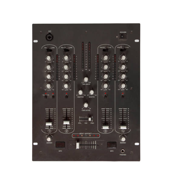 istock Top view shot of a DJ mixer on a white surface 1437715038