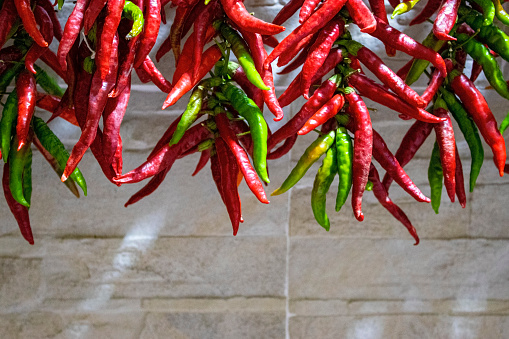 Chilli. Colorful Peppers on a Light Stone Wall, Front View. Copy Space for Text.