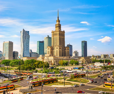 Traffic near Palace of Culture and Science and skyscrapers in Warsaw, Poland