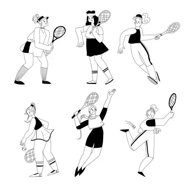 Vector illustration of Set of tennis players with rackets in sportswear in different poses during the game in line art.