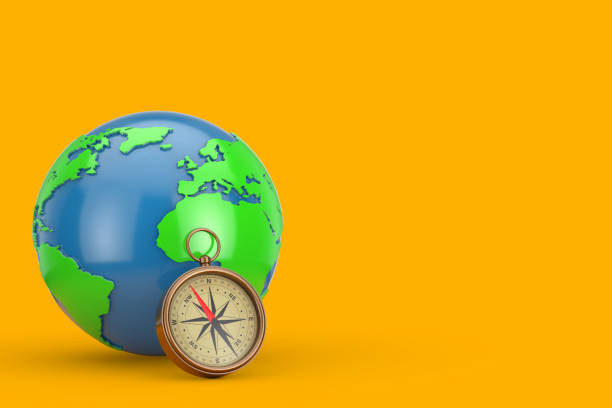 istock Earth Globe and Glossy Bronze Vintage Compass with Windrose. 3d Rendering 1437717511