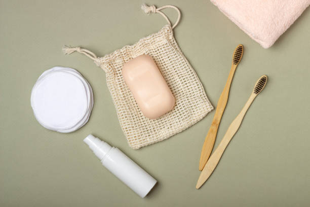 istock Wooden toothbrush, solid shampoo, handmade soap, cotton makeup remover wipes. Zero Waste Concept Eco-Friendly Body Care Cosmetics 1437717687