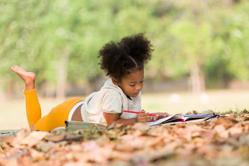 African American little child girl writing on a book during laying on mat outdoors in the park
