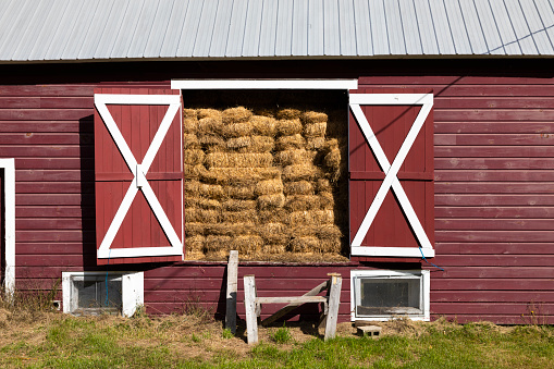 Packs of hay inside a barn, Morristown, Lamoille, Washington District, Vermont, USA