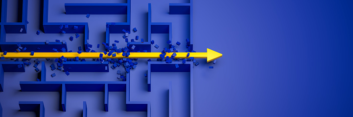 3d rendering: Concept - solving a complex problem. Brute force method: breaking through the brick wall. Blue maze and floor with yellow solution path with arrow. Banner size.
