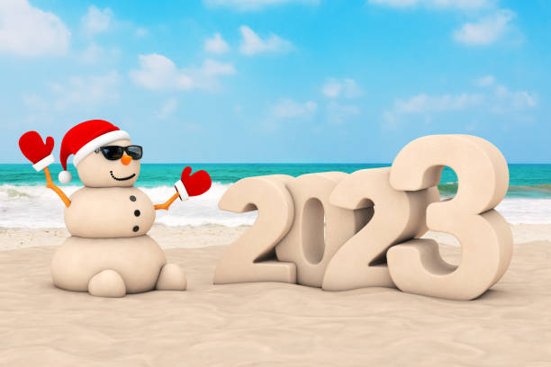 istock Sandy Christmas Snowman at Sunny Beach with 2023 New Year Sign. 3d Rendering 1437722068