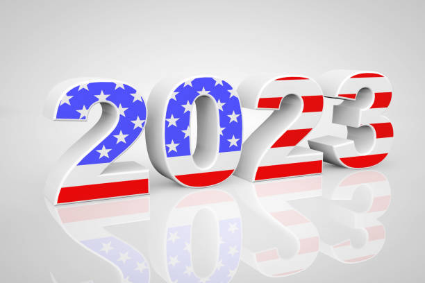 istock New Year 2023 Sign as USA Flag. 3d Rendering 1437722083