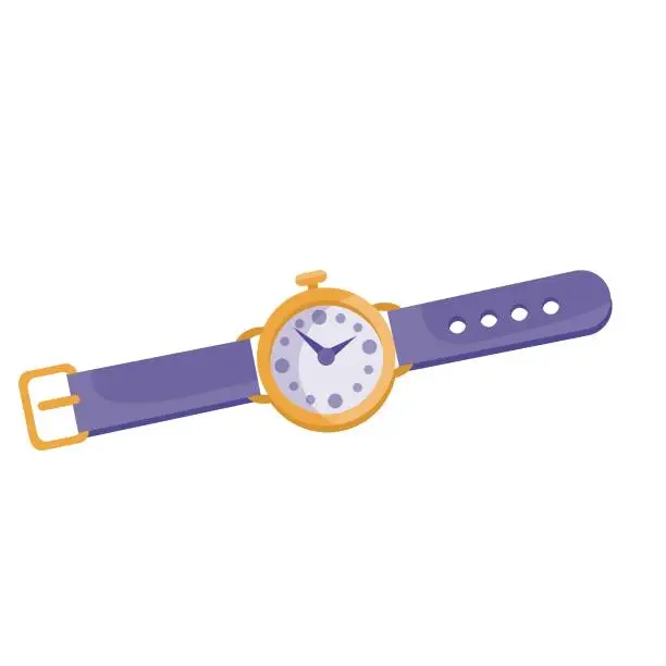 Vector illustration of wrist watch with purple strap, top view, isolated object on white background, vector illustration,