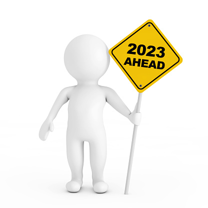 3d Person with 2023 Ahead Traffic Sign on a white background. 3d Rendering