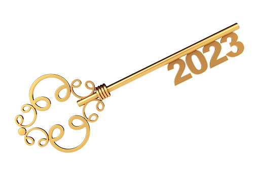 Golden Vintage Key with 2023 year Sign on a white background. 3d Rendering