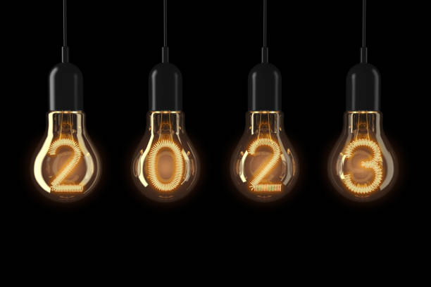 Light Bulbs Illuminated 2023 New Year. 3d Rendering stock photo