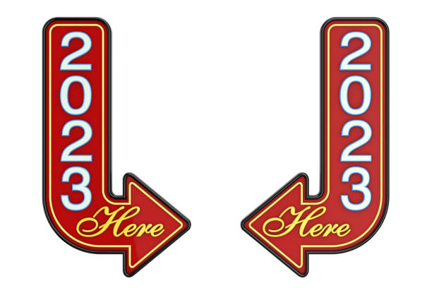 istock Vintage Rusty Metal 2023 New Year Here Arrow Sign. 3d Rendering 1437725216