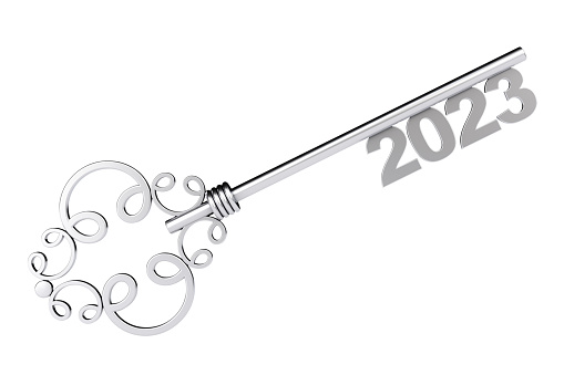 Silver Vintage Key with 2023 year Sign on a white background. 3d Rendering