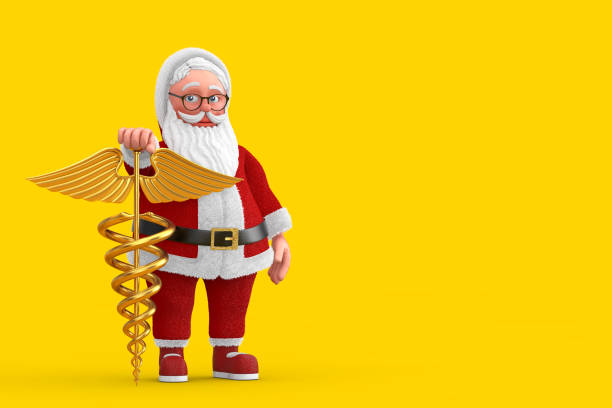 Cartoon Cheerful Santa Claus Granpa with Gold Medical Caduceus Symbol. 3d Rendering Cartoon Cheerful Santa Claus Granpa with Gold Medical Caduceus Symbol on a yellow background. 3d Rendering snakes beard stock pictures, royalty-free photos & images