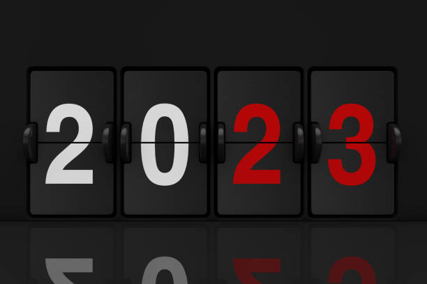 istock Mechanical Analog Flip Clock Board with 2023 New Year Sign. 3d Rendering 1437726855