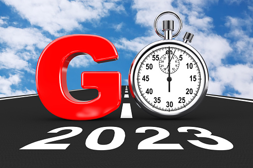 New 2023 Year Concept. Stopwatch as Go Sign over 2023 New Year Road on a blue sky background. 3d Rendering