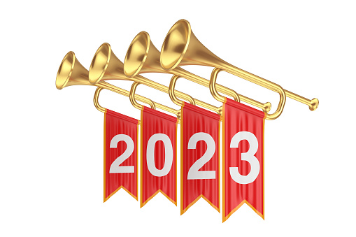 Golden Fanfare Trumpets with 2023 New Year Red Flags on a white background. 3d Rendering