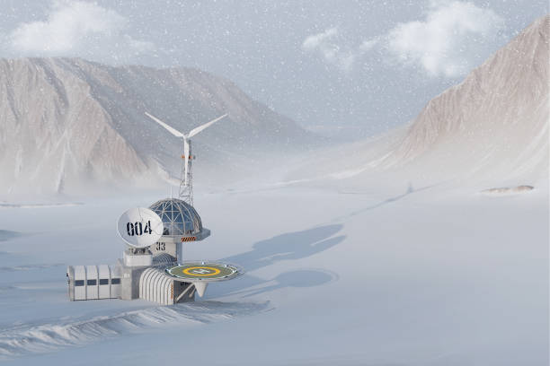 moderna estación polar de investigación antártica remota en el fondo de las montañas. renderizado 3d - arctic station snow science fotografías e imágenes de stock